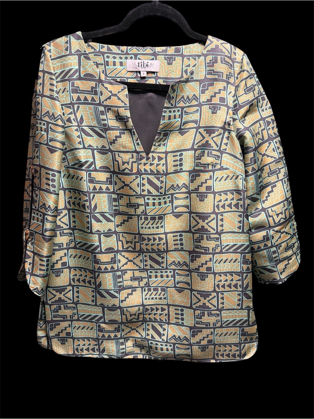 Tibi Black, Mint and Gold Geometric Top